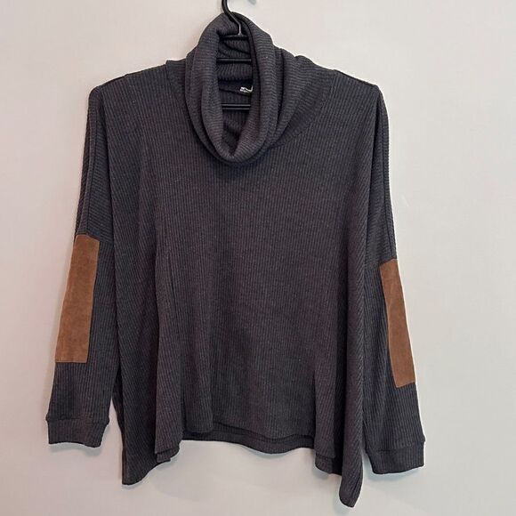 THML Oversized Boxy Thermal Turtleneck Top Womens Medium Elbow Patches Grey - Picture 1 of 5